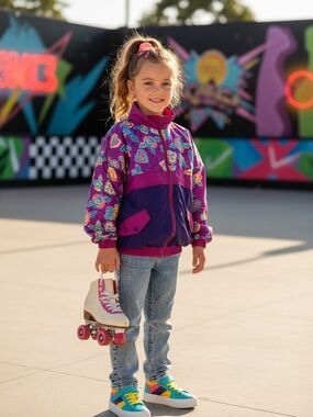 Vintage 80s Girls' Colorful Heart Print Windbreaker Jacket - Purple & Magenta